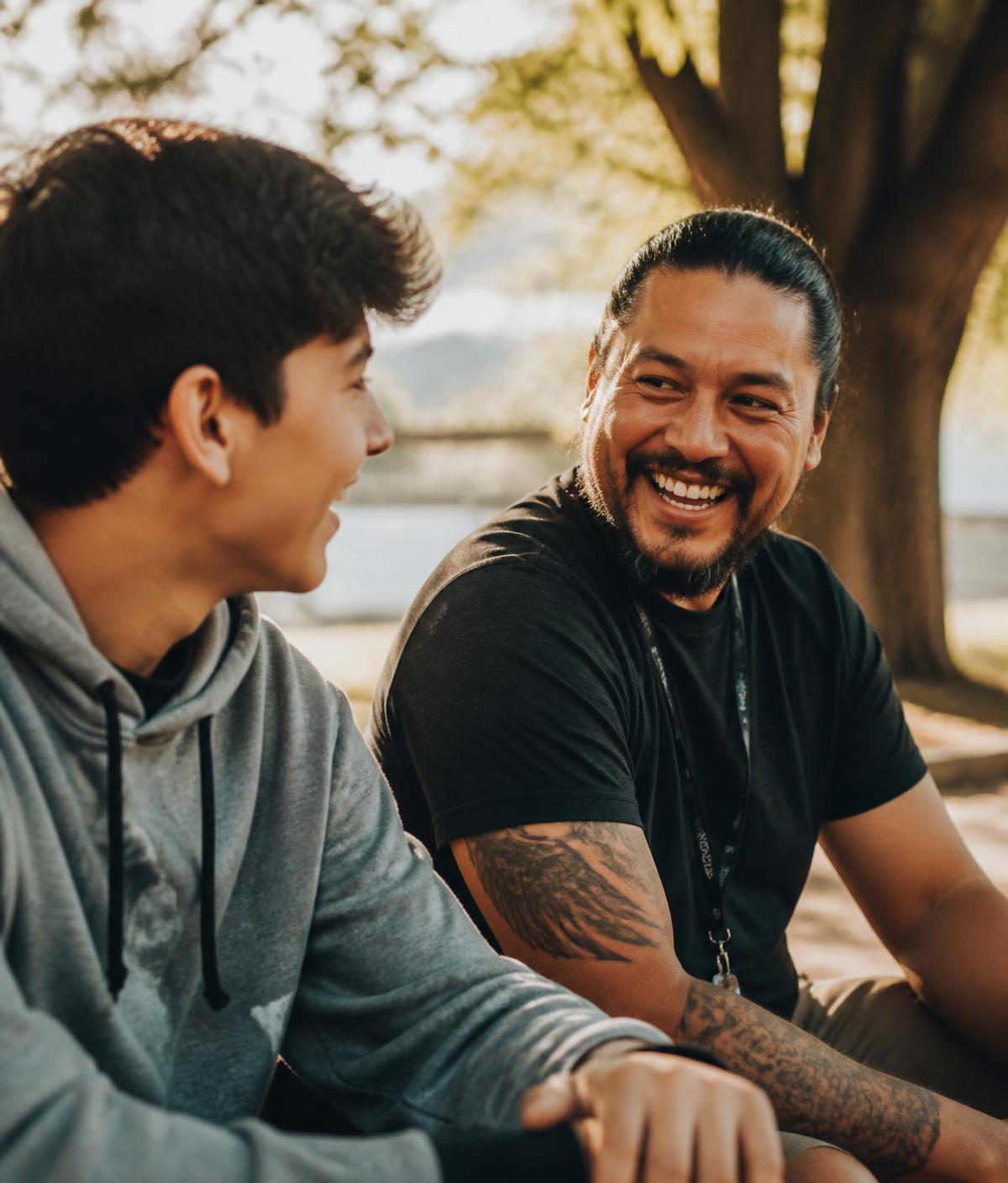 A mentor and a high school student laughing together outdoors